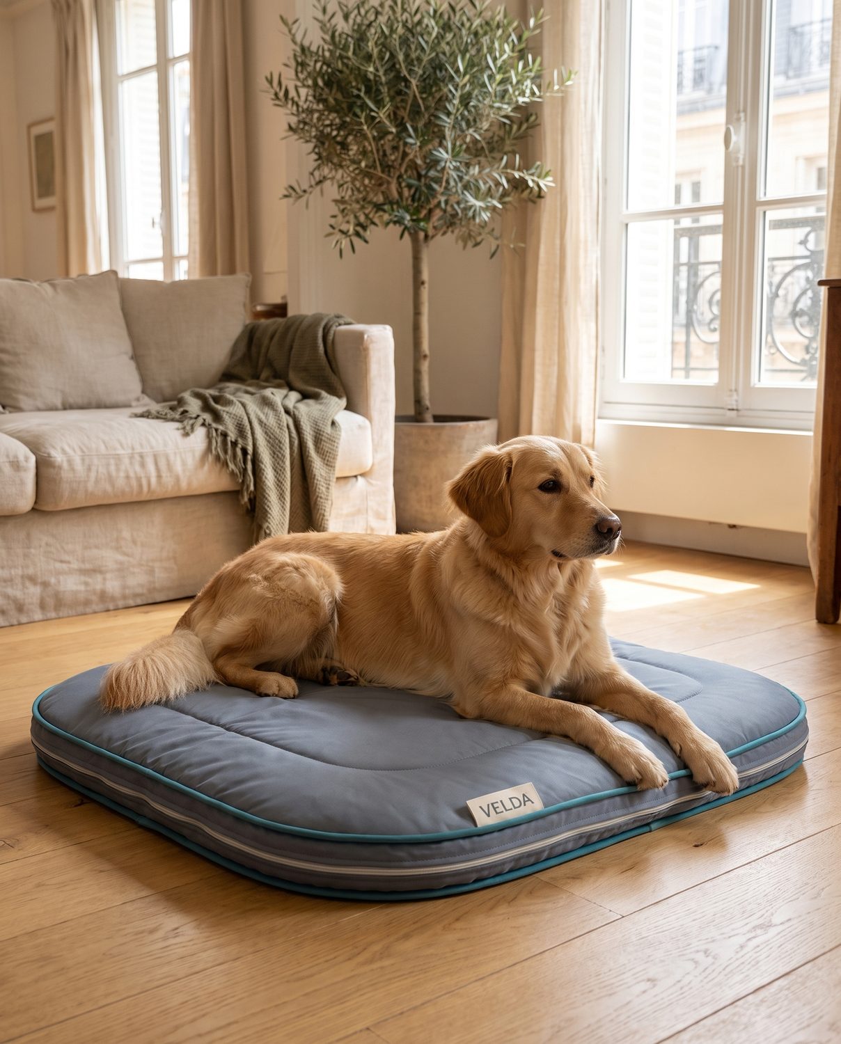 Chien détendu allongé sur le tapis rafraîchissant Velda pendant une journée de forte chaleur