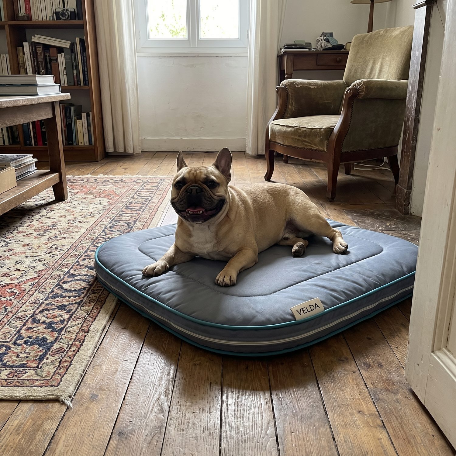Nino, bouledogue, détendu sur son tapis Velda