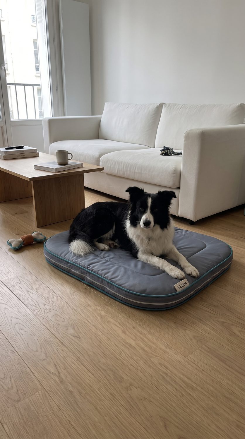 Falco, border collie, allongé sur son tapis Velda dans un salon