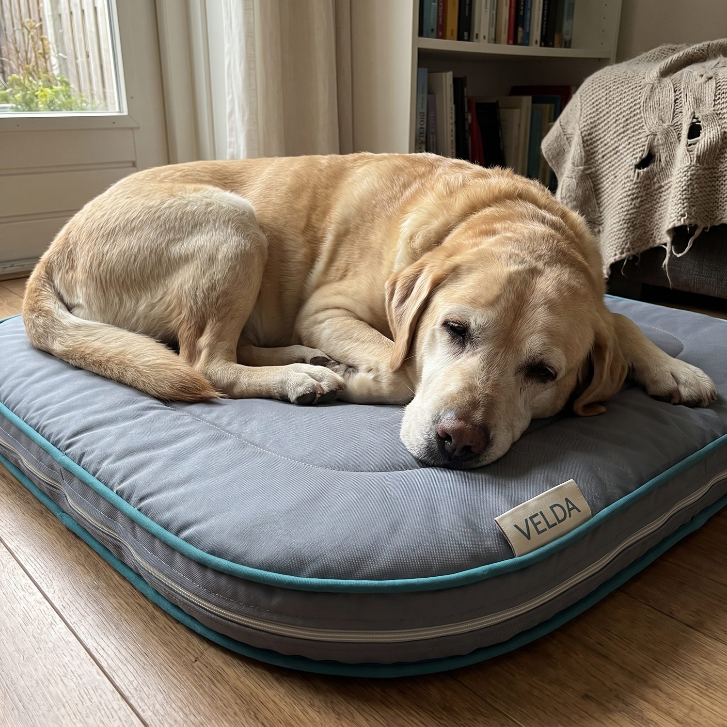 Oscar, labrador âgé, endormi sur son tapis Velda