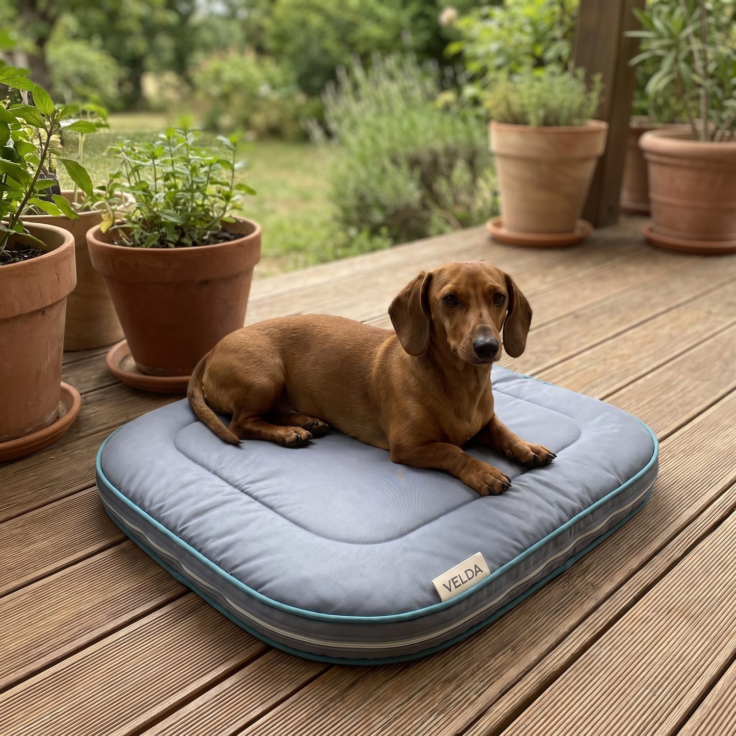 Praline, teckel, allongée sur son tapis Velda sur la terrasse