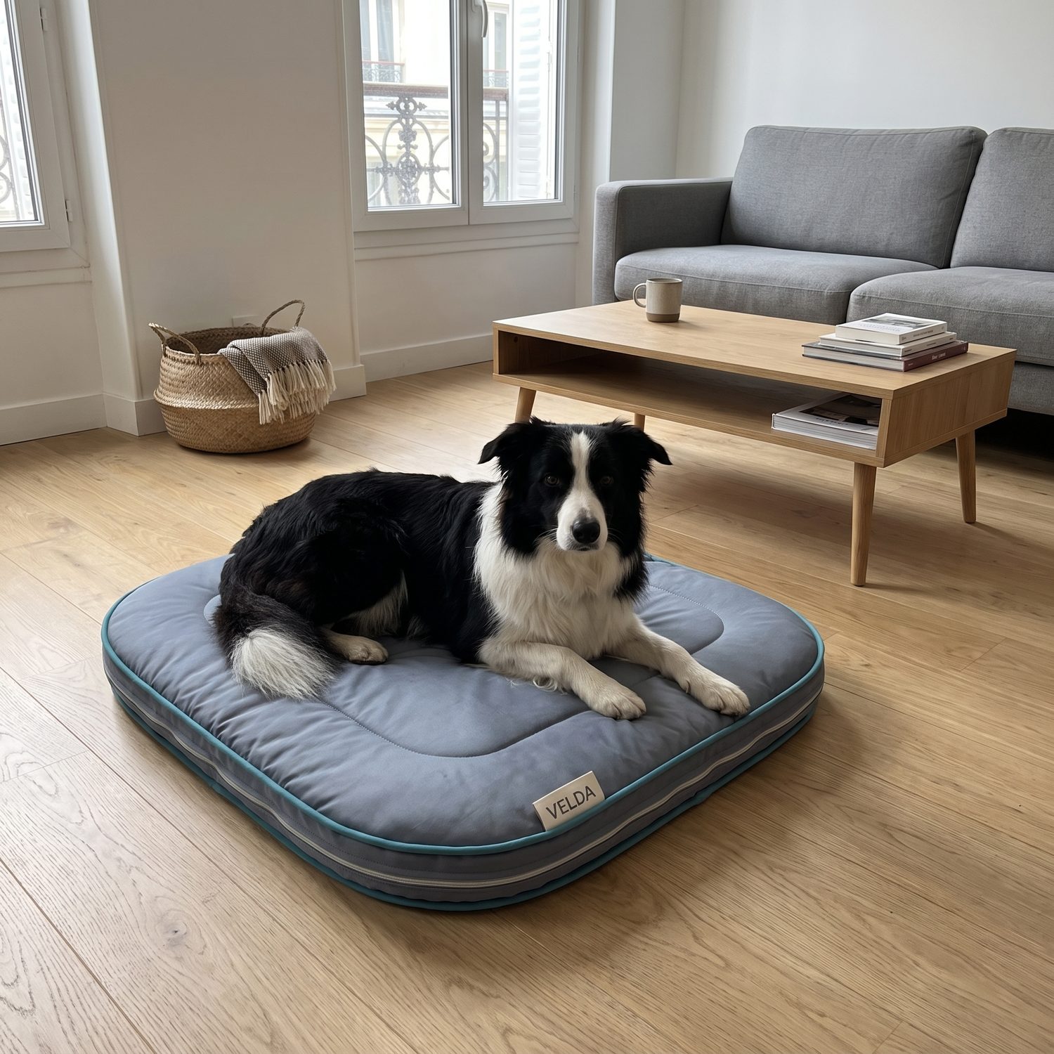 Jazz, border collie, installé sur son tapis Velda au salon