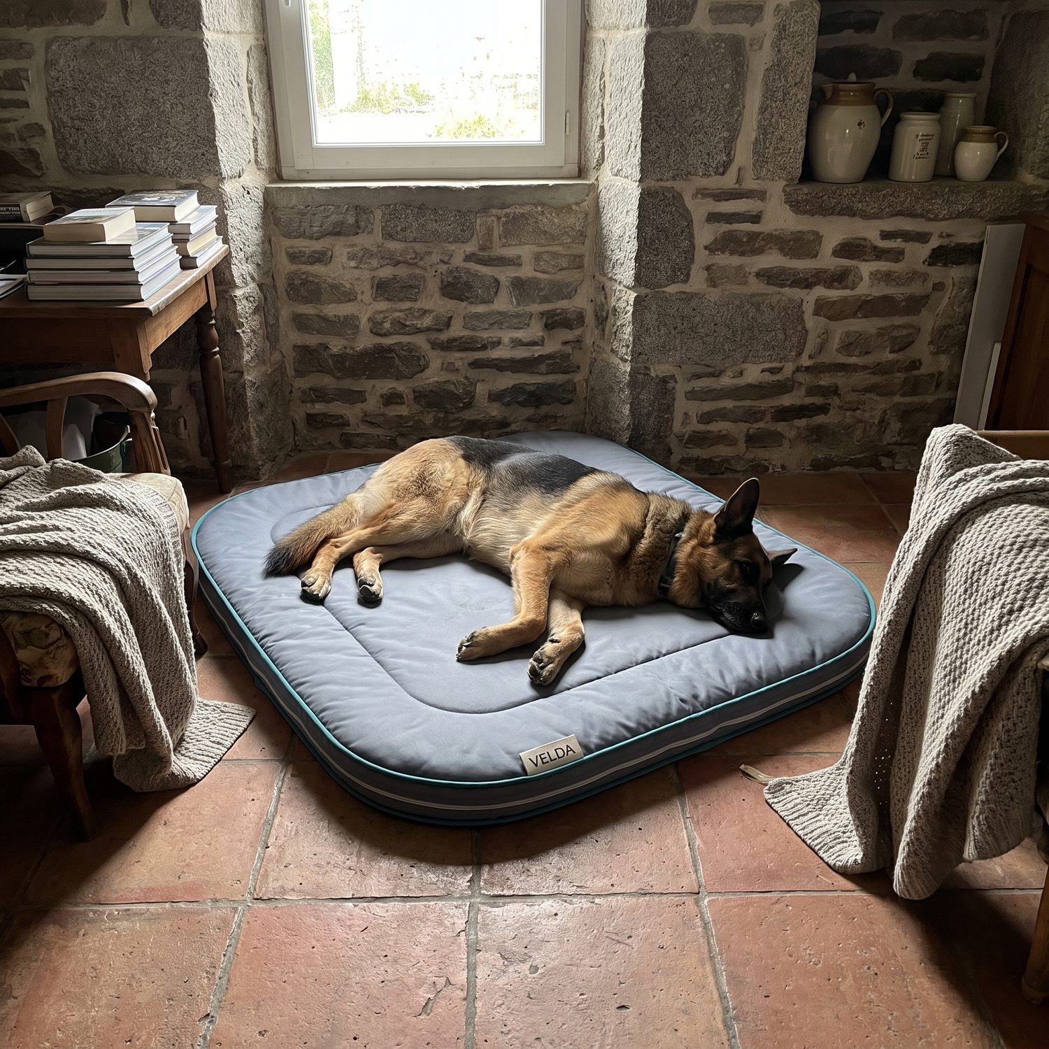 Rex, berger allemand, couché sur son tapis Velda dans une maison en pierre